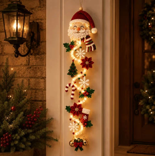 Jolly Santa face Christmas door hanger banner with red and gold bows