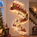 Lighted Christmas train garland wrapped around a pillar in warm-white lights