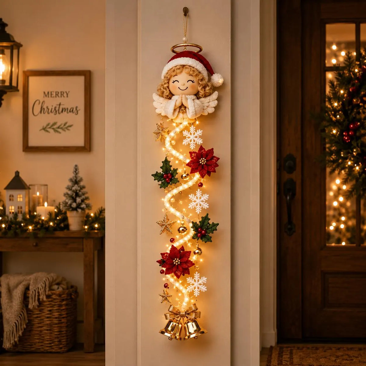 Sweet angel Christmas door hanger with trees, stars and ornaments in red, gold and green